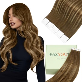Easyouth Tape in Hair Extensions Balayage Brown 18inch Fading to Honey Blonde Mixed Brown Hair Extension Tape in Ombre Effortless Daily Maintenance Glue in Hair Extensions for Woman #4/27/4 20pcs