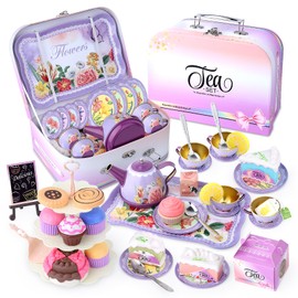 ZWYOIUG Tea Party Set Toys, Tea Sets for Toddlers Tea Party Set for Little Girls Kids Pretend Play Role Play Tin Teapot Set, Ideal Tea Set Toys Gifts for Kids Toddlers Girls 3 4 5 6 7 8 Years Old