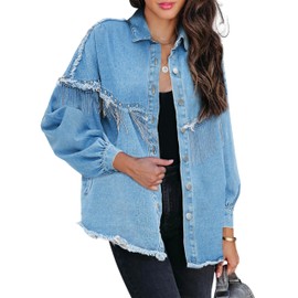 Daacee Casual Frayed Tassel Black Denim Jacket for Women Fashion Fringe Rhinestone Cowgirl Jean Coats(0191-Blue-XXL)