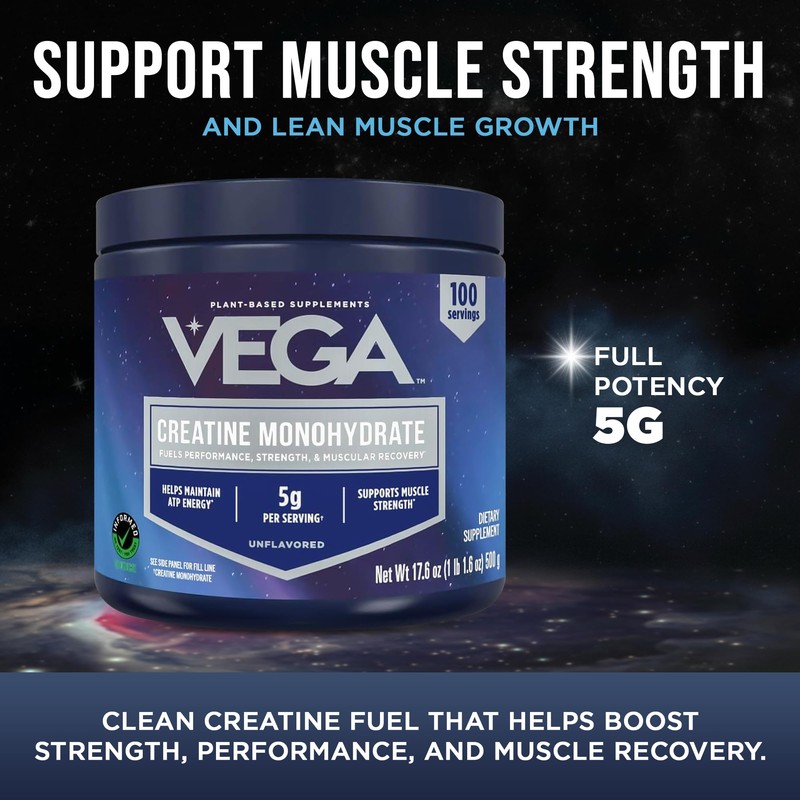 Vega Micronized Creatine Monohydrate Powder, Unflavored – 5g Pure Vegan