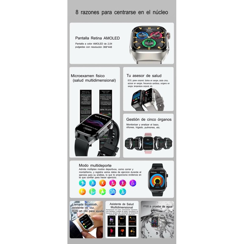 susnov tech Smartwatch Glucosa Llamadas,Asistente De Voz Monitoreo Salud (Negro)