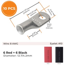 SELTERM 10pcs - 8 Awg - #10 Stud - Battery Lugs - Ring Terminal Connectors | with 12pcs 3:1 Black & Red Heat Shrink Tubing with Adhesive | Heavy Duty Battery Cable Ends - Tinned Copper Wire Lugs Kit