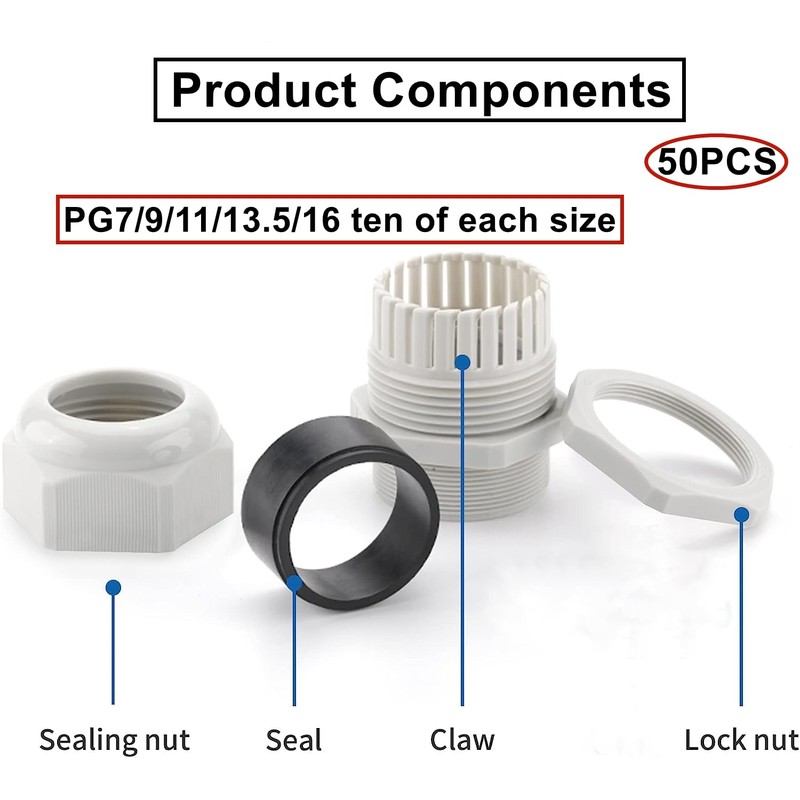 HUAZIZ 50pcs Cable Gland Waterproof Adjustable 3-13mm PG7 PG9 PG11