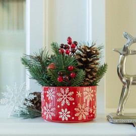 Flora Bunda Artificial Xmas Arrangement in 5 inch Red Snowfrakes Ceramic Pot Indoor Christmas Decoration