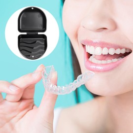Heveer Retainer Case Denture Box Round Dental Retainer Box Braces Case for Invisable Aligner Mouthguards Braces Dentures Black