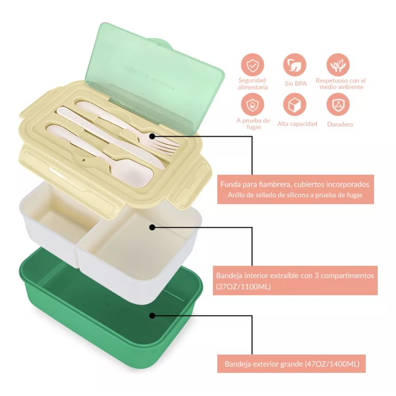 Nasjac Lonchera Fiambrera Portátil Lunch Box Gran Capacidad 1400ml