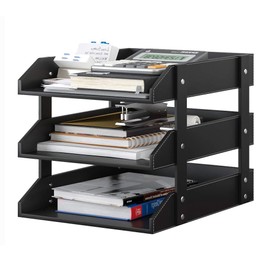 Leather Desk Organizer, Thipoten 3-Tier Stackable Letter Tray Holder for Office Supplies, Paper, File, Magazine, Perfect Office Organization for Desktop (Black-3Tiers)