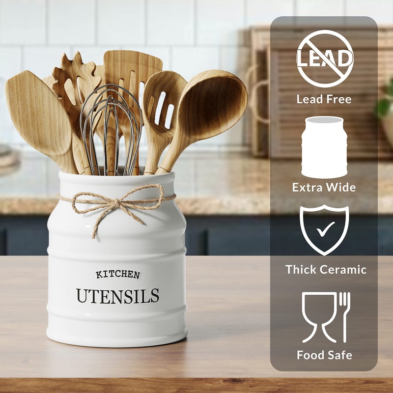 Barnyard Designs Ceramic Farmhouse Utensil Holder for Kitchen Counter, Large