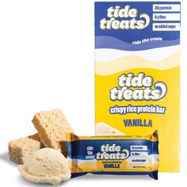 25g Protein Bar Crispy Rice Treat Vanilla | No Added Sugar, 7g Fiber, Gluten Free | High Protein Snack for On-the-Go, Post-Workout or Dessert Cravings | 8 Count | TideTreats