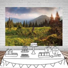 7x5ft Spring Natural Scenery Backdrop Mountains Trees Green Grass Jungle Photography Backdrop Sunshine Pine Tree Spring Vinyl Thin Photography Background for Photo Studio Props