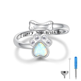 Sterling Silver Urn Ring for Dog Ashes: 925 Paw Print Memorial Opal Rings Cremation Jewelry Keepsake Remembrance Gifts for Women Pets Lover