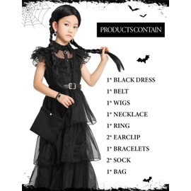 IKALI Girls Role Play Dress-Up Set with Accessories, Black Party Dress Cosplay Outfit for Kids Toddlers 12-14 Years