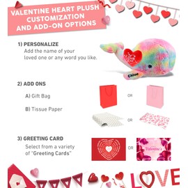 DolliBu I Love You Valentine Plush Extra Large Rainbow Whale - Cute Stuffed Animal with Red Heart and Name Personalization Gift for Valentines Day, Birthday, Anniversary, Romantic Date - 15 Inches