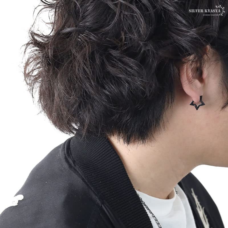 [silver KYASYA] Stainless Steel Hoop Earrings, Star, Gold, Silver, Black,