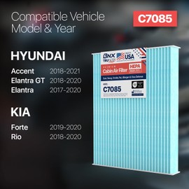 BNX TruFilter C7085 Filtro de aire de cabina, HEPA 99.97%, fabricado en Estados Unidos, compatible con Hyundai: Accent, Elantra, Elantra GT; Kia: Forte, Rio, paquete de 2