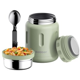 BOBBER 24 oz Insulated Stainless Steel Thermos for Hot Food, Extra-Wide Mouth Soup Container with Spoon and Bowl - Keeps Rice and Pasta Hot for 14 Hours and Salads Cold for 20 Hours (Green)