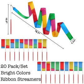 20Pack Rainbow Ribbon Streamers, Dance Ribbon Streamers Wands for Kids Party Supplies Goodie Bag Stuffers, Gymnastics Twirling Ribbons Dance Streamers Party Favors for Kids Adults - Vibrant Color