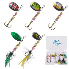 5 Pack Fishing Spinner Lures Kit, Rooster Tail Fishing Lures Spinnerbaits Copper Body Blade Inline Spinner, Stainless Steel Shaft Beads Treble Hooks Spinner Baits Kit for Bass Trout Salmon