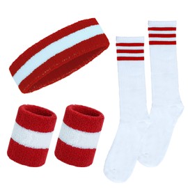 Haakong Striped Sweatbands Set Sports Headband and Wristbands Sweatbands Striped Sweatband Set for Men and Women (Red and White, M)