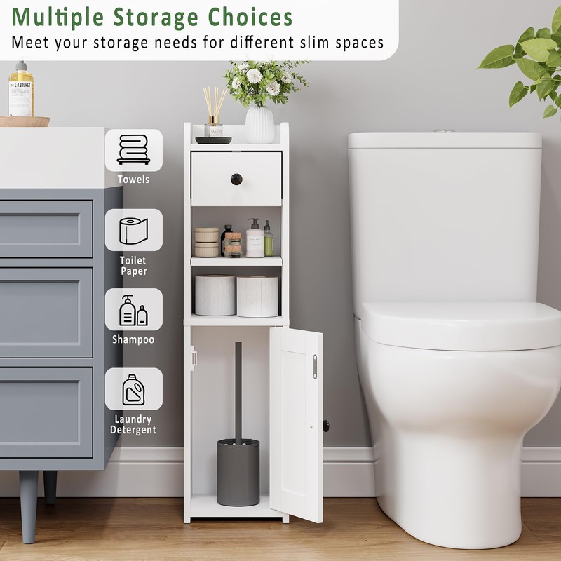Lomojo Small Bathroom Storage Cabinet with Drawer,7.75L*7.75D*29.6H (White)