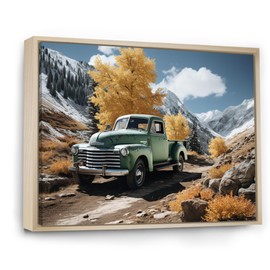 pickup truck Oversized framed wall art decor, Pickup Truck framed wall Art, Green Pickup Truck horizon Adventurers, Green Modern Natural framed wall art, 44x34 inches Natural brown color Frame
