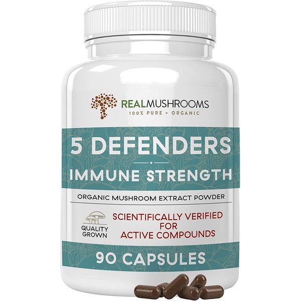 Real Mushrooms 5 Defenders Mushroom Supplements for Immune Support (90ct) Promote Better Overall Wellbeing w/ Chaga, Shiitake, Maitake, Turkey Tail, & Reishi Mushroom | Vegan, Non-GMO