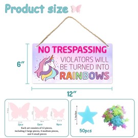 Unicorn Girl Cave Sign, 12″x6″ PVC Plastic Wall Decoration Hanging Sign, Pink Stuff for Girls Room Decorations Set/High Precision Printing/Water Proof, with 3D Butterfly and Luminous Stars