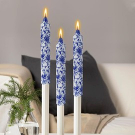 Flowers Printed Candle Taper Candles 9 inch - 4 Pack Blue and White Porcelain Candle Dripless, Smokeless, Unscented Tall Candlesticks - Perfect for Home Decor, Weddings, and Special Occasions