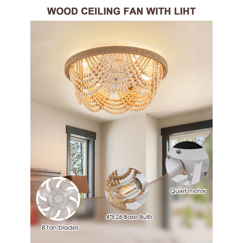 20" Boho Ceiling Fan with Light, Wood Beads Flush Mount