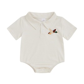 Baby Boy Summer Clothes Newborn Striped Mallard Duck Bubble Romper Infant Gentleman Bodysuit Top T Shirt Outfit (A Striped Mallard Duck Beige, 0-3 Months)