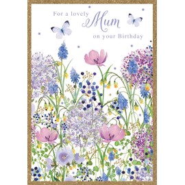 Nigel Quiney Lovely Mum' Birthday Card - Watercolour Purple Flowers & Butterflies with Foil Details - Eco-Friendly & Recyclable