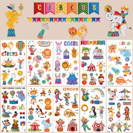 Circus Tattoos for Children, 10 Sheets Circus Children's Tattoos, Skin-Friendly Set, Temporary Tattoos for Sticking, Party Bags, Children's Birthday Gifts, Party Decoration, Circus Toy