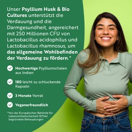 Psyllium Husks + Biocultures - 180 Vegan Capsules Nutravita