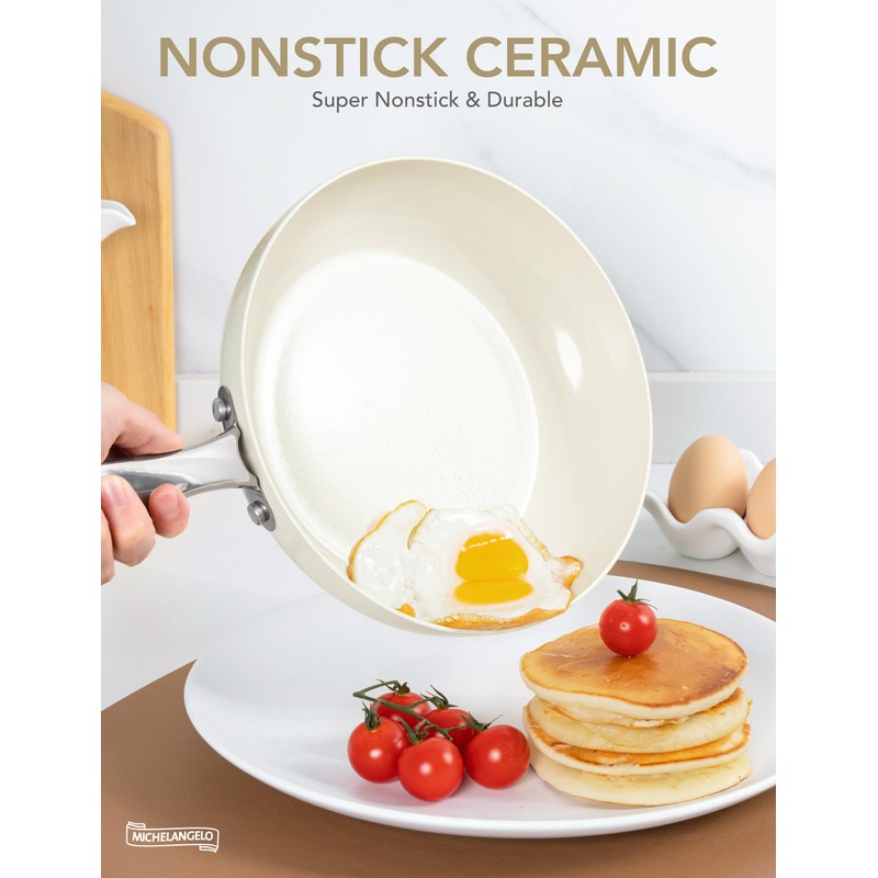 MICHELANGELO Large Frying Pan with Lid, 14 Inch Ceramic Skillet