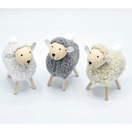 Logbuch-Verlag 3 Deko Ostern Schafe aus Wolle und Holz Osterdekoration Figuren zum Hinstellen weiß/grau/Creme 10 x 12 cm