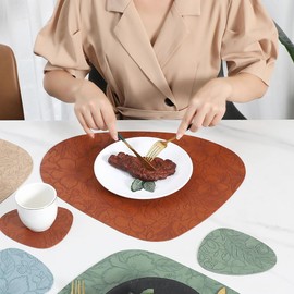 Livtoch Leather Placemats and Coasters Set of 6, Embossed Floral Faux Leather Placemats, 100% Waterproof & Oil-Resistant Wipeable PU Table Mats for Kitchen and Dining(Brown)