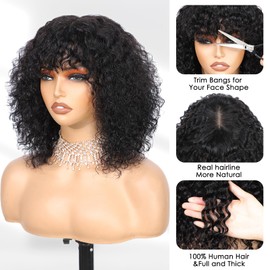 Beluck Glueless Human Hair Wig With Bangs，Short Water Wave Curly Bob Wig Human Hair 180% Density For Women, Ready To Wear (12 Inch Black)