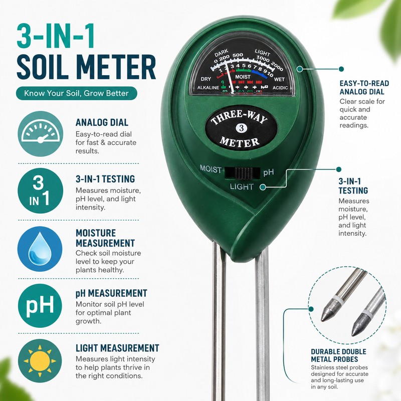 3-in-1 Soil pH Meter for Garden Plants – Moisture, Light