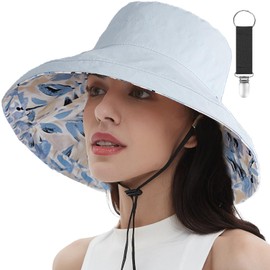 vidsel Womens Sun Hats Wide Brim Reversible Bucket Cotton Hat Packable Summer Travel Cap with Hat Clip,UV Protection Blue