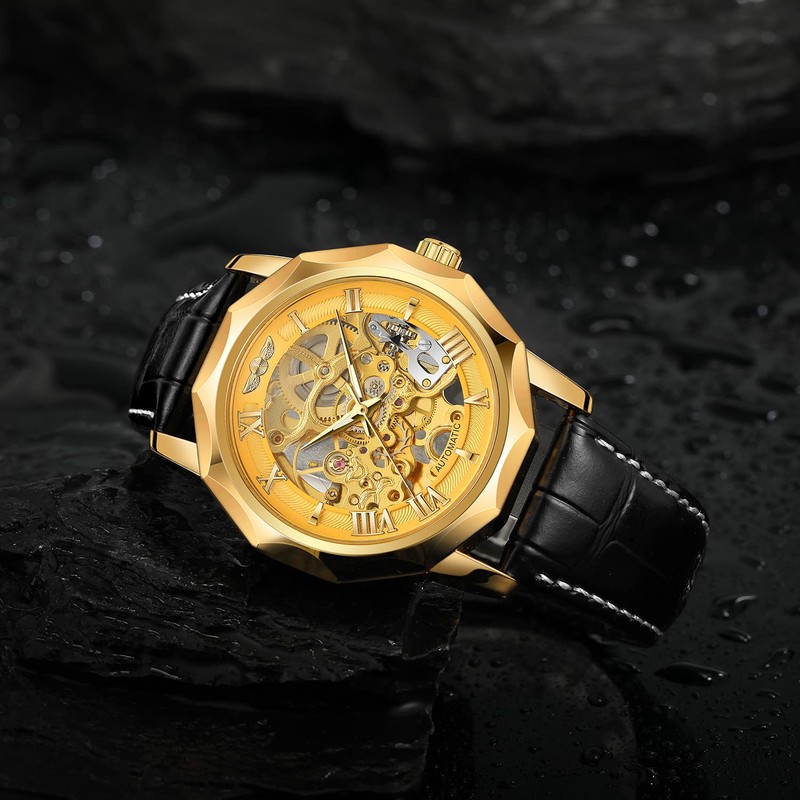 FORSINING Mens Automatic Mechanical Dodecagon Skeleton Roman Numerals Genuine Leather