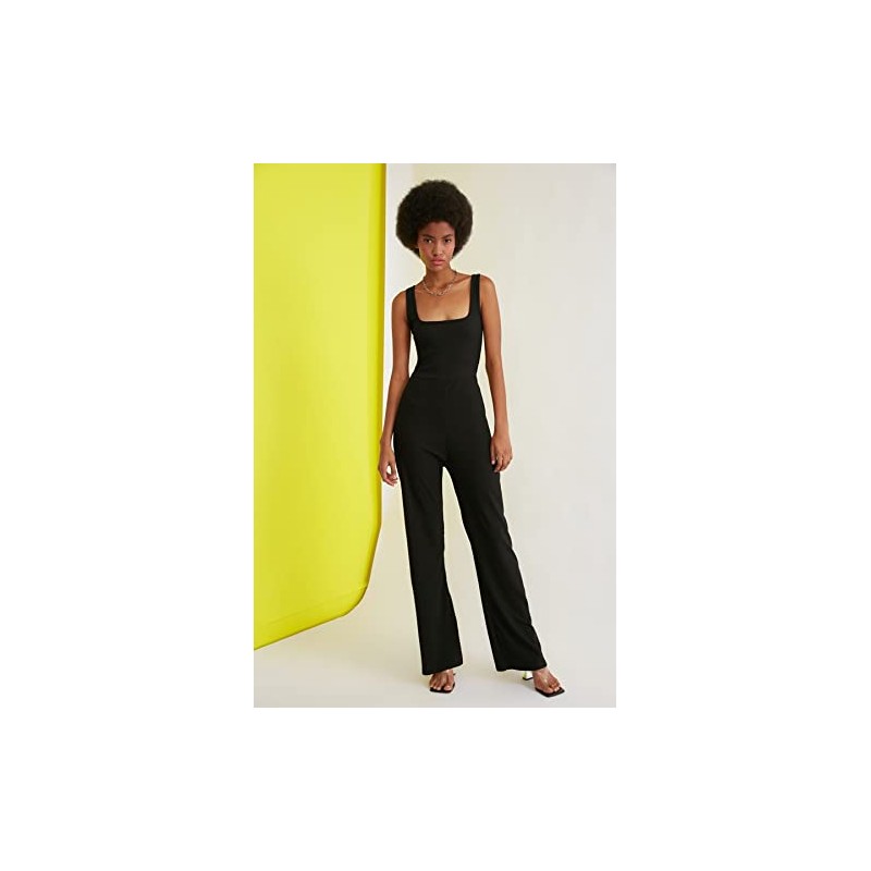 TRENDYOL Women's Back Decollted Knitted Jumpsuit Jumpsuit, black