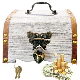 IWILCS Vintage Wooden Treasure Chest with Combination Lock, 14.5 x 10.5 x 10.3 cm Wooden Storage Treasure Chest for Child Storage and Decoration for Children's Birthday Gift