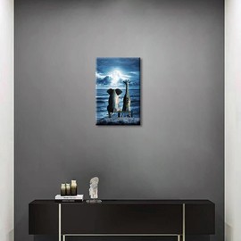 Elephant and Giraffe Sit on a Seaside Stool Blue Ocean Wall Art Painting Print On Canvas Animal Pictures for Home Decor Decoration Stretched and Frame Ready to Hang 8x12inch (20x30cm)