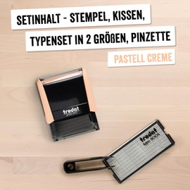 Trodat Printy 4912 Stamp Set in Pastel Cream to Set Yourself – 4 Lines of Text, Imprint 47 x 18 mm, German, Includes Tweezers, Ink Pad Black & Letter and Number Set in Two Sizes