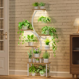 BACEKOLL 8-Tiered Plant Stand With Grow Lights - 62" Tall Indoor Shelf for Multiple Plants, Metal S-Shaped Flower Holder Rack for Home, Patio (White)