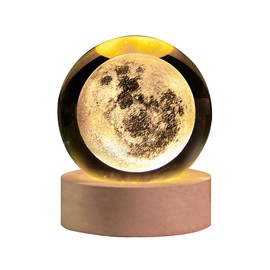 3D Laser Engraved Moon Crystal Ball with LED Stand, 60mm Moon Sphere Lamp Night Light, Moon Figurine Decor Glass Paperweight Gifts for Women Kids Girlfriend Birthday