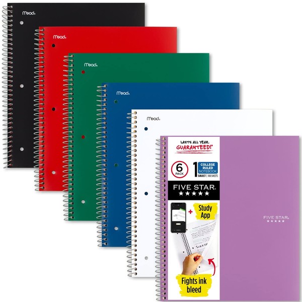Five Star Spiral Notebooks, 6 Pack, 1 Subject, College Ruled Paper, Fights Ink Bleed, Water Resistant Cover, 8-1/2" x 11", 100 Sheets, Black, Red, Blue, Green, White, Purple (38052)