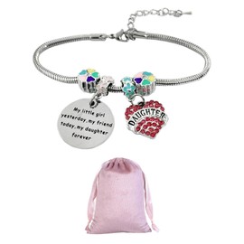 KRYMSON 1 x Small Charm Bracelet with 1 x Storage Bag, Children's Bracelet, Funny Girls' Bracelet, Silver Pendant, Adjustable Bracelet, Birthday Gift for Daughter (Silver)