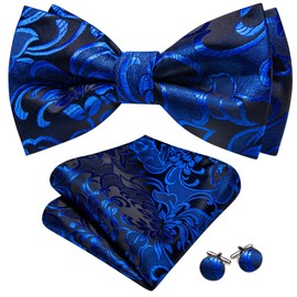 YOHOWA Royal Blue Black Bow Tie Set Men Floral Adjustable Silk Pre-Tied Bowtie Handkerchief Cufflinks Formal Wedding Party Prom