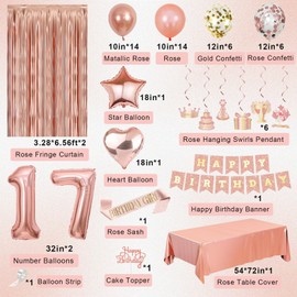 17th Birthday Decorations for Girls, Happy 17 Birthday Decorations for Her, Rose Gold Birthday Party Supplies with Banner, Number Balloons, Fringe Curtains, Hanging Swirls, Foil Balloons